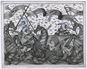 Andrew Schoultz, drawing of three horses in water
