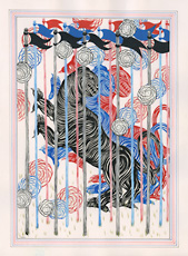 Andrew Schoultz, three red blue and black tigers with paint drips