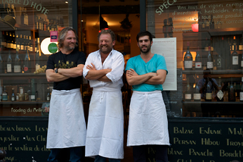 Ben Kinmont, three chefs in front of restaurant
