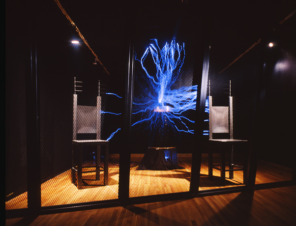 installation view of doug hall sculpture with blue electrical cords