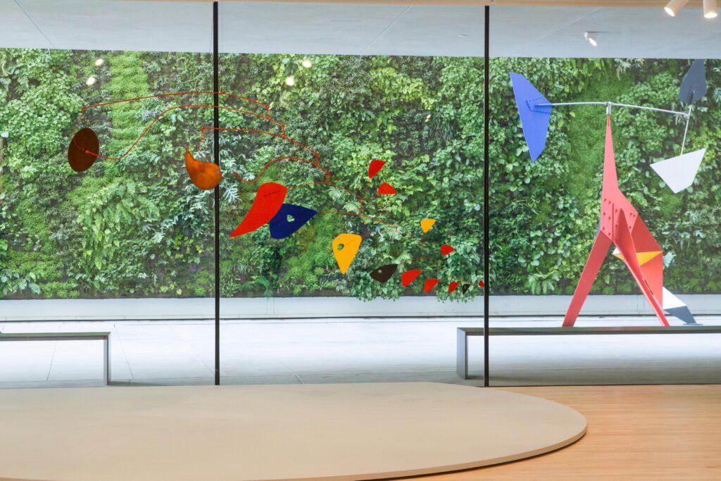 Installation view, Alexander Calder: Motion Lab with living wall