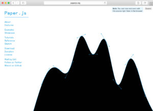 Screengrab of a webpage showing blue words on the left and a black undulating form on a white background
