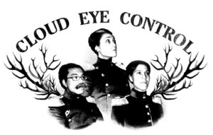 A black and white portrait of three people beneath the words Cloud Eye Control