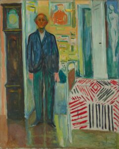 A painting of a man standing between a clock and a bed