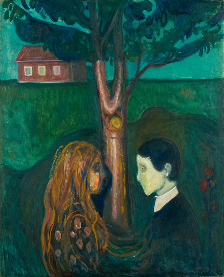 Painting of a man and woman standing under a tree with a field and house in the background