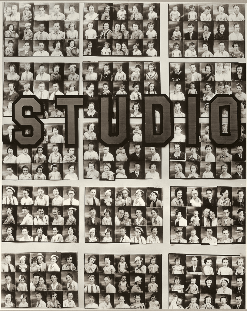 A grid of small black and white portraits overlaid with the word STUDIO in block letters
