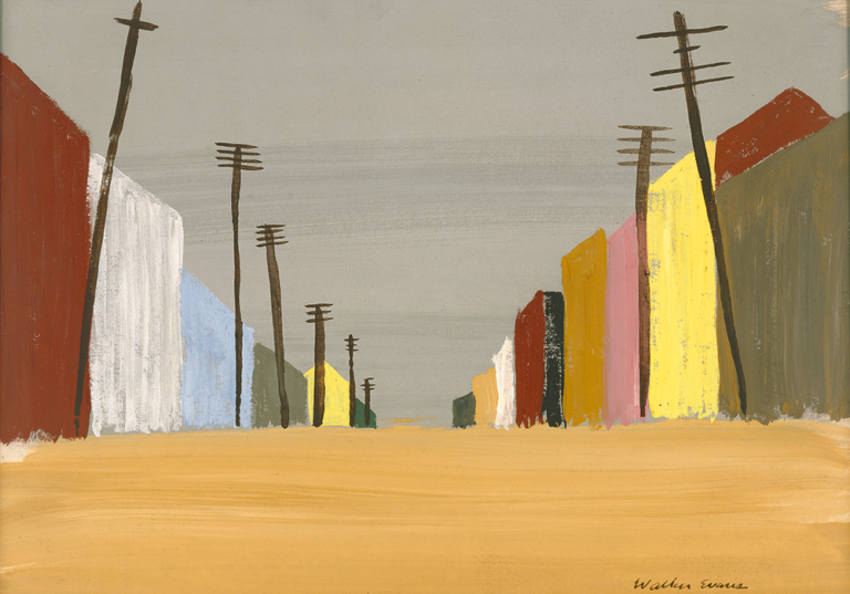 A simple painting on a deserted brown road extending toward the horizon and surrounded on either side by electrical poles and building fronts