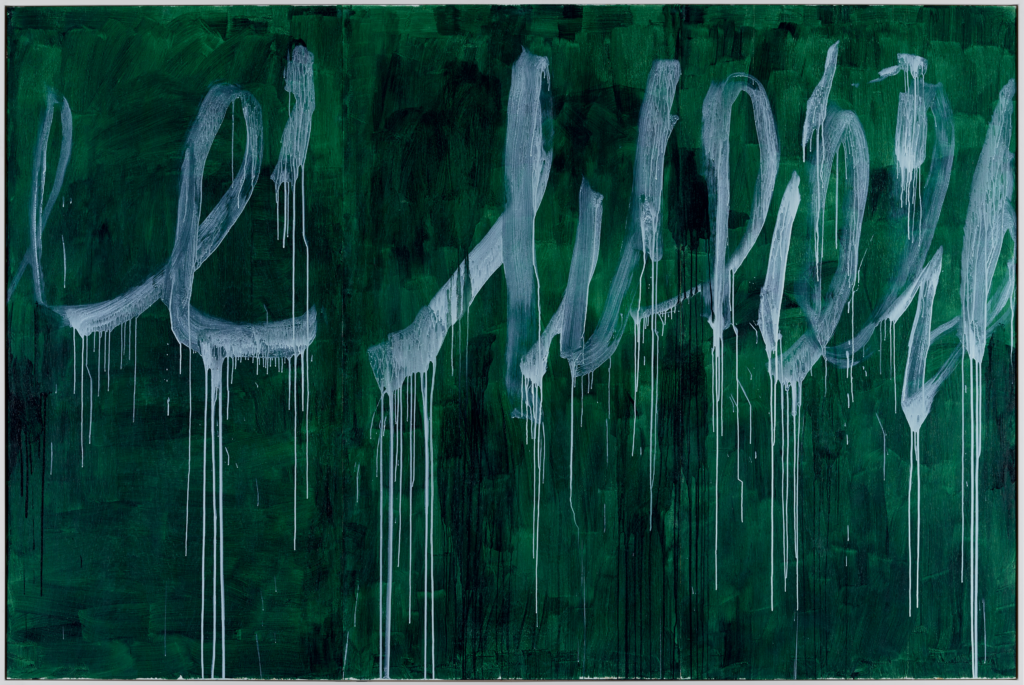 Forest green canvas painted with scrawling, dripping, white loops
