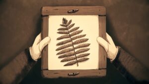 A sepia-toned drawing of hands holding a glass plate with a fern leaf on it. 