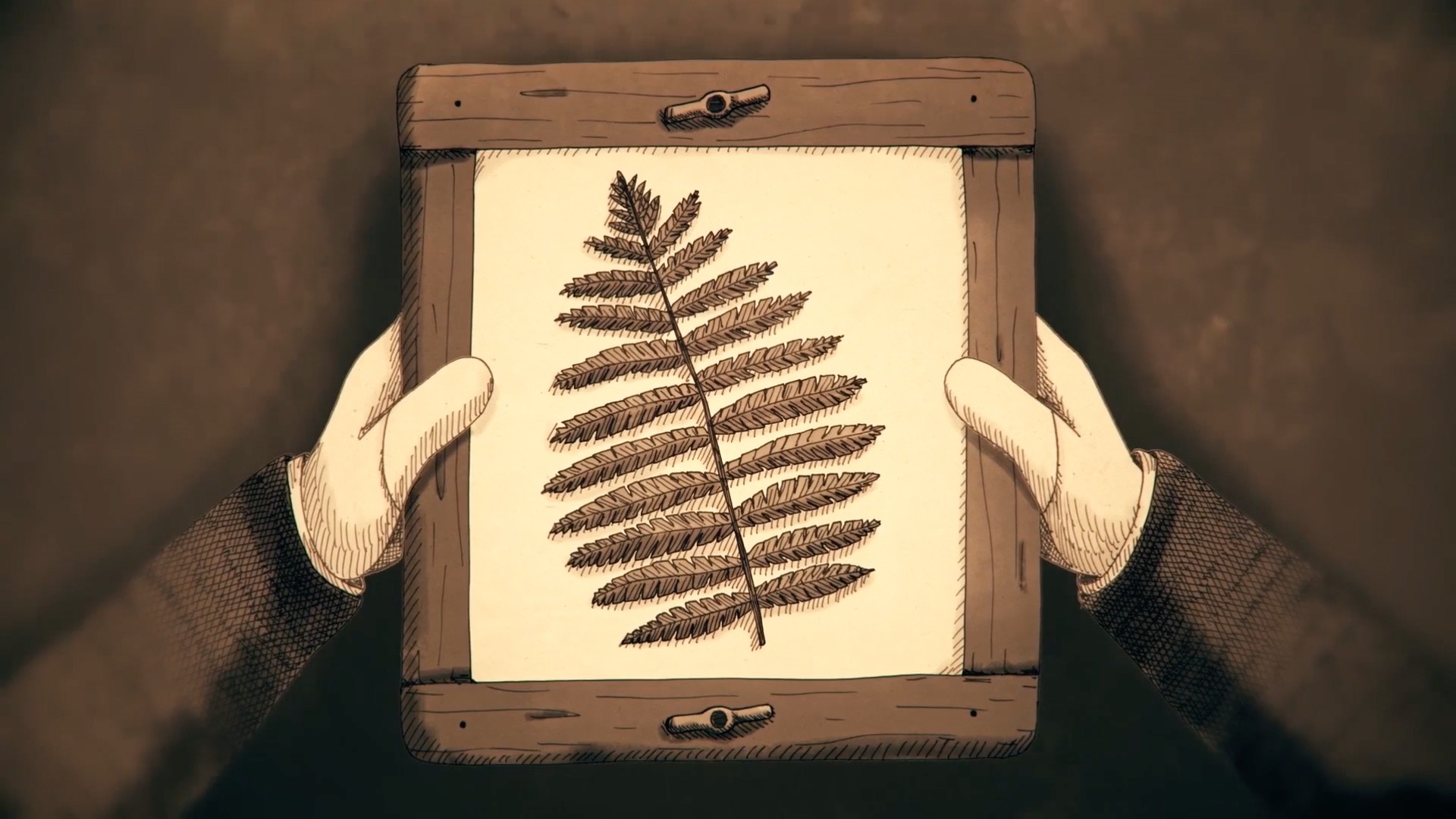 A sepia-toned drawing of hands holding a glass plate with a fern leaf on it.