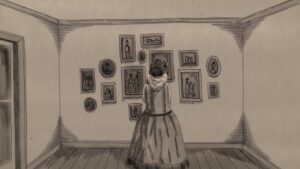 A sepia-toned drawing of a woman in the 1800s facing a wall of hung photographs