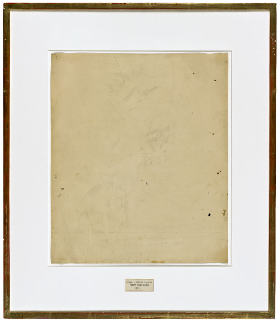 Traces of ink and crayon on paper, with mat and hand-lettered label in ink, in gold-leafed frame