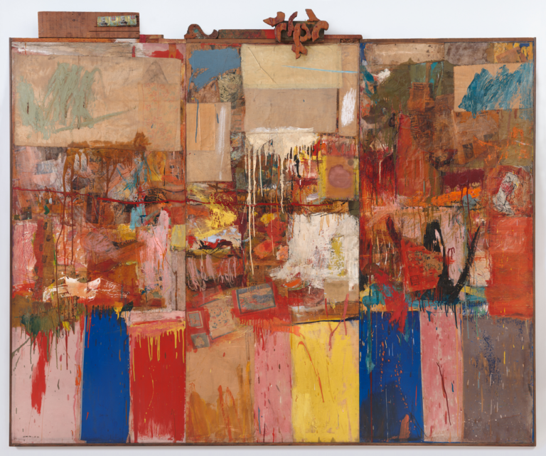 A brightly colored assemblage artwork, Rauschenberg Collection