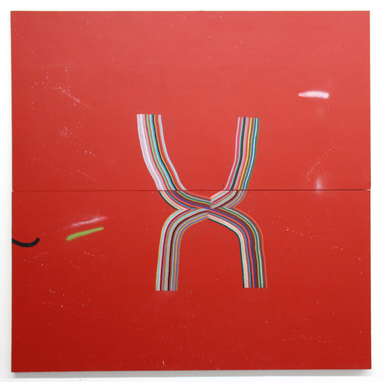 A rainbow striped X against two red, stacked horizontal canvases