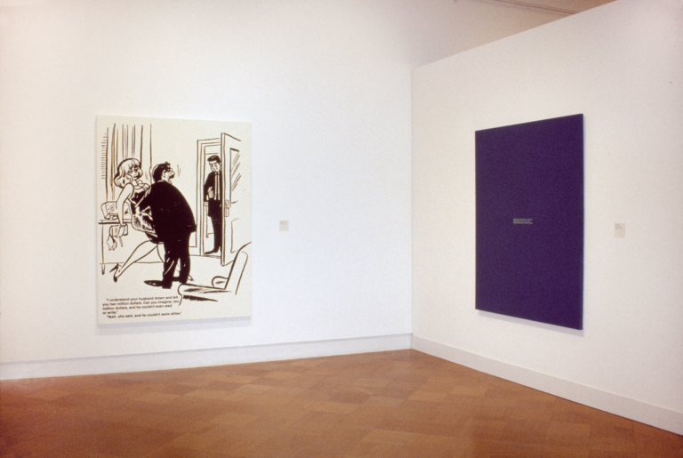 A large comic and a large purple canvas hanging in a gallery