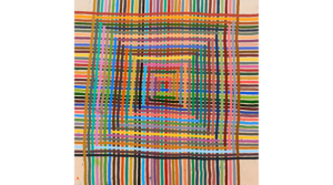 Interwoven colored stripes against a beige background