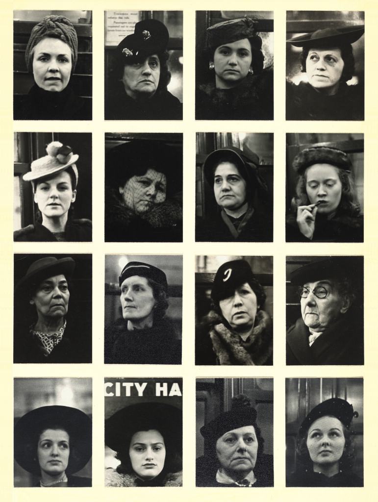 A grid of sixten black and white close-cropped photographs of women in hats