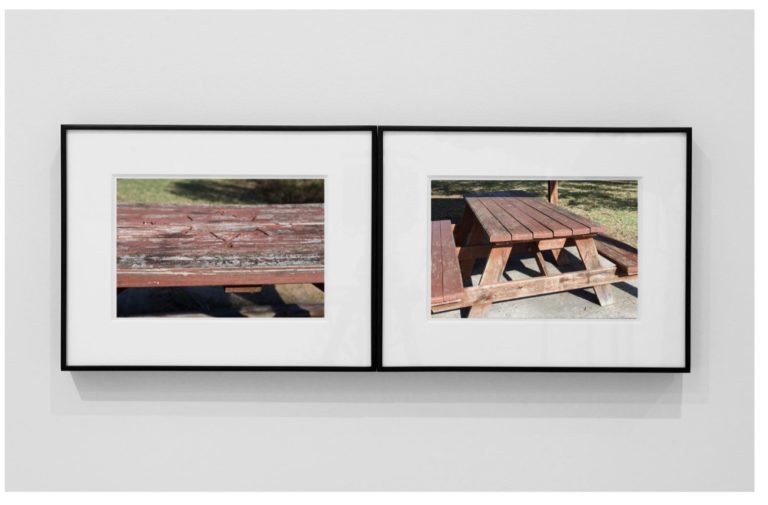 Two framed photographs of picnic benches