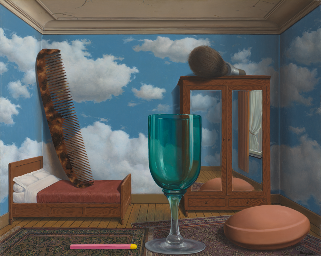 A large green glass wineglass, a match, and pill on two overlapping persian rugs in a room with walls painted like a cloudy sky and also containing a bed with a giant comb and a mirrored armoire with a large shaving brush on top