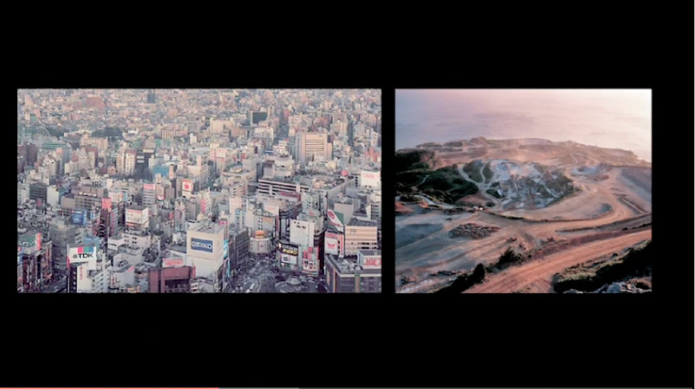 A cityscape photograph next to a landscape photograph of a mountain landscape being developed