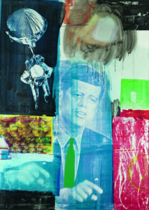 Colorful silkscreen with an image of JFK at center