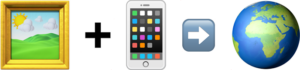 Painting emoji, plus sign, mobile phone emoji, right arrow emoji and globe emoji