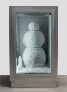 A color photograph of a snowman encased in a box,  Peter Fischli and David Weiss 