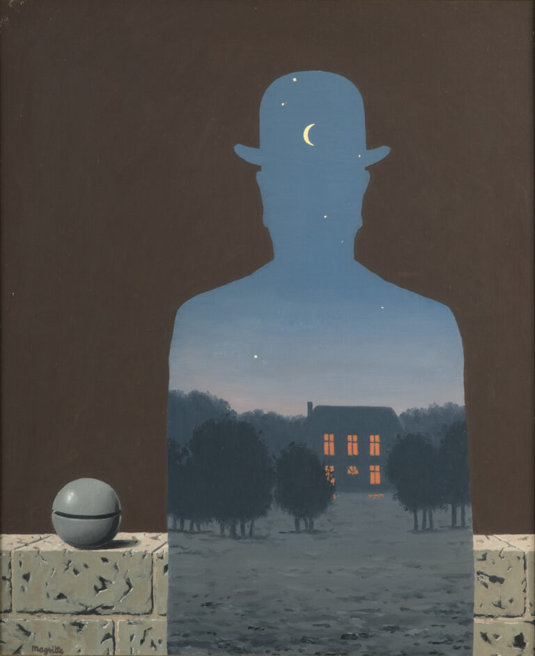 Silhouette of a bowler-hatted man filled with a twilit landscape and starry sky