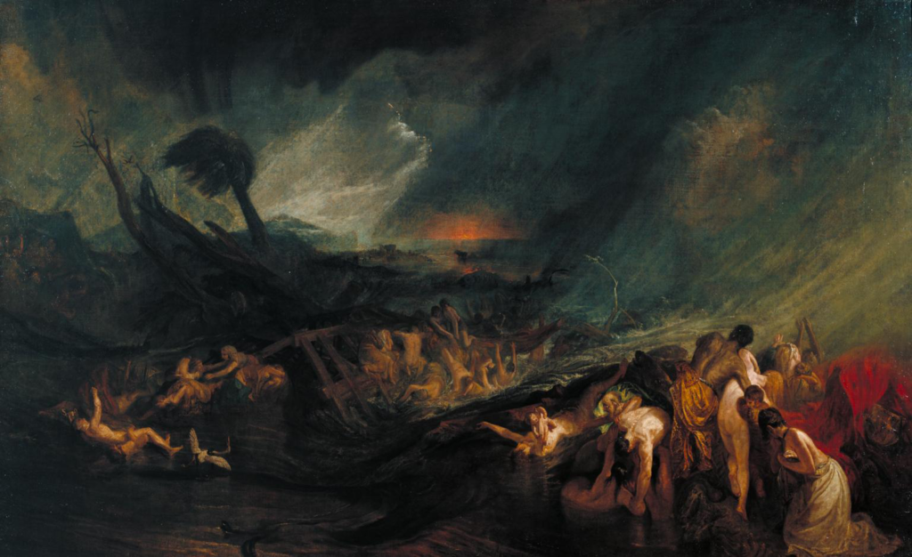 Dramatic painting of figures struggling in an apparent shipwreck in the stormy sea