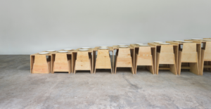 Stepped plywood table with chairs