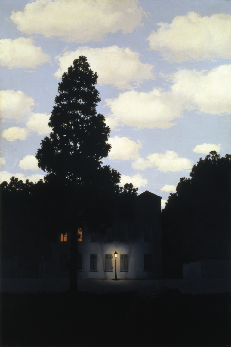 Street scene of a home at dusk with a lit street lamp and a bright daytime sky above