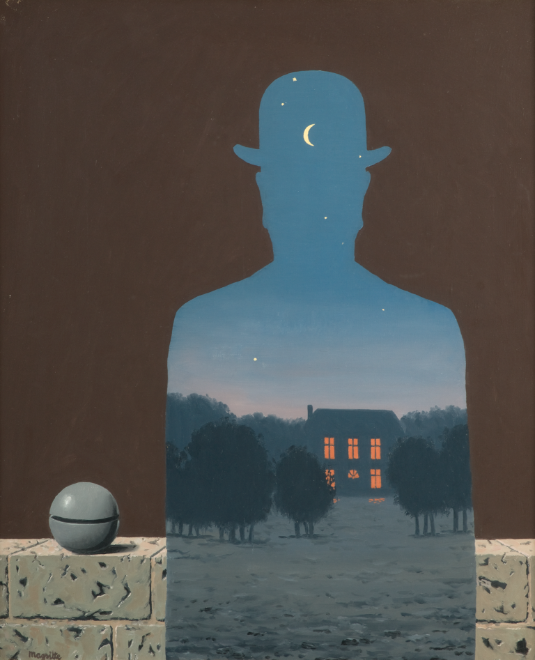 An evening scene of a house surrounded by trees is contained within the silouette a man in a bowler hat, standing in front of a stone balcony