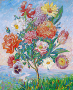 Curling plant sprouting many different types of brightly colored flowers against an impressionistic sky
