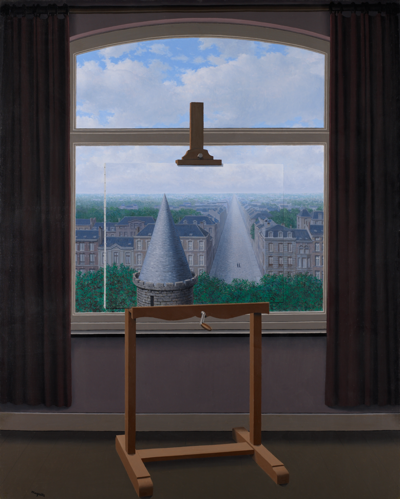 Painting easel against a window, holding a canvas that seems to perfectly match the cityscape behind