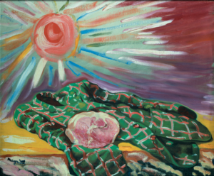 A colorful painting with impressionistic brush stroke illustrating a coat and the sun, Magritte