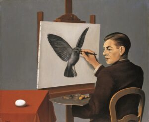 A painting featuring a Caucasian man painting a bird on a canvas, Magritte