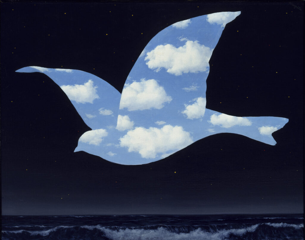 Painting of an outlined bird filled with blue skies and clouds, Magritte