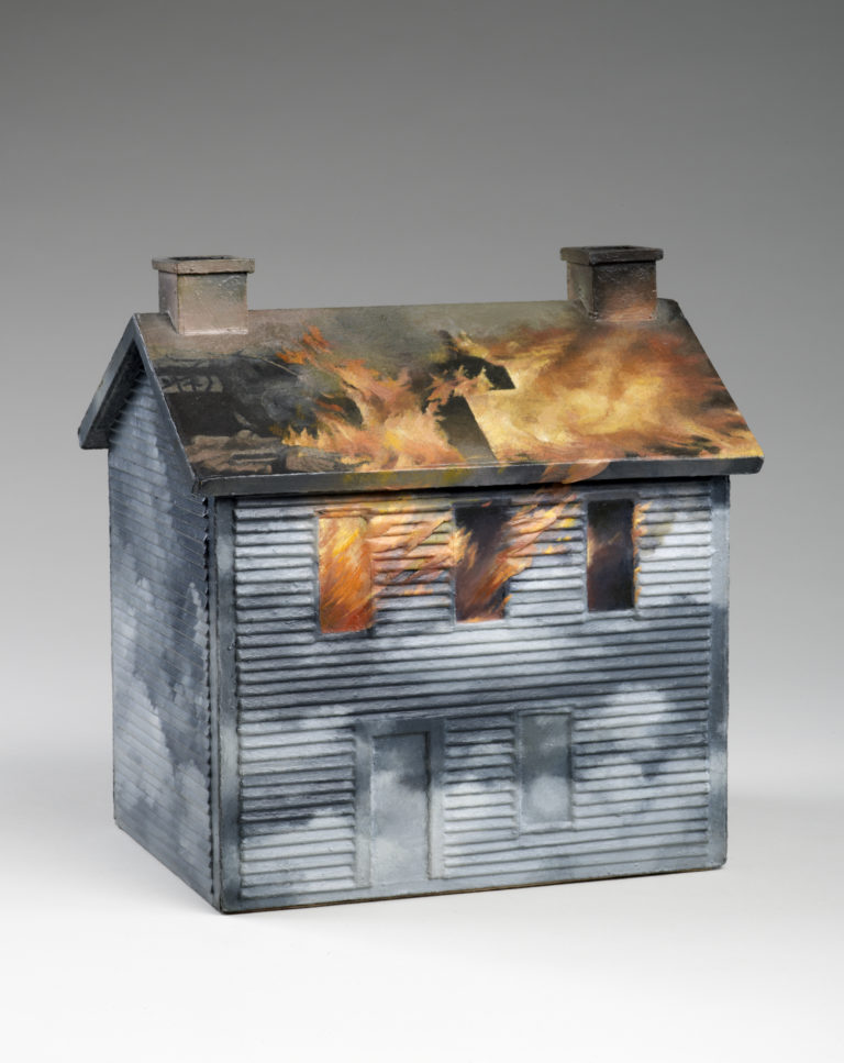 cardboard and wooden sculpture of a house on fire, Vija Celmins