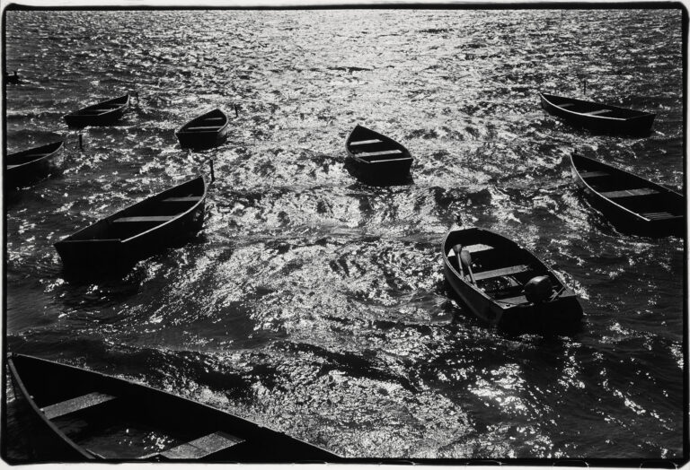 black and white photograph of lake with several row boats