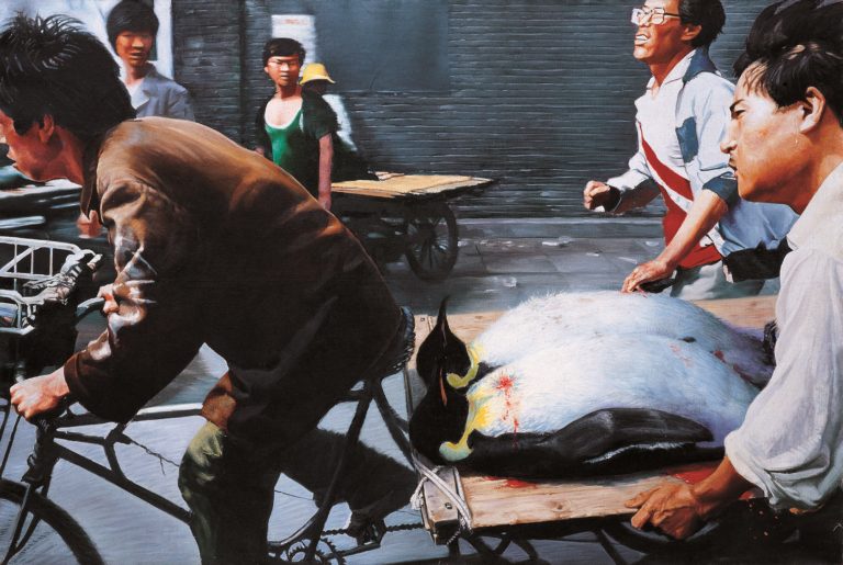 painting of men biking and pulling two dead penguins