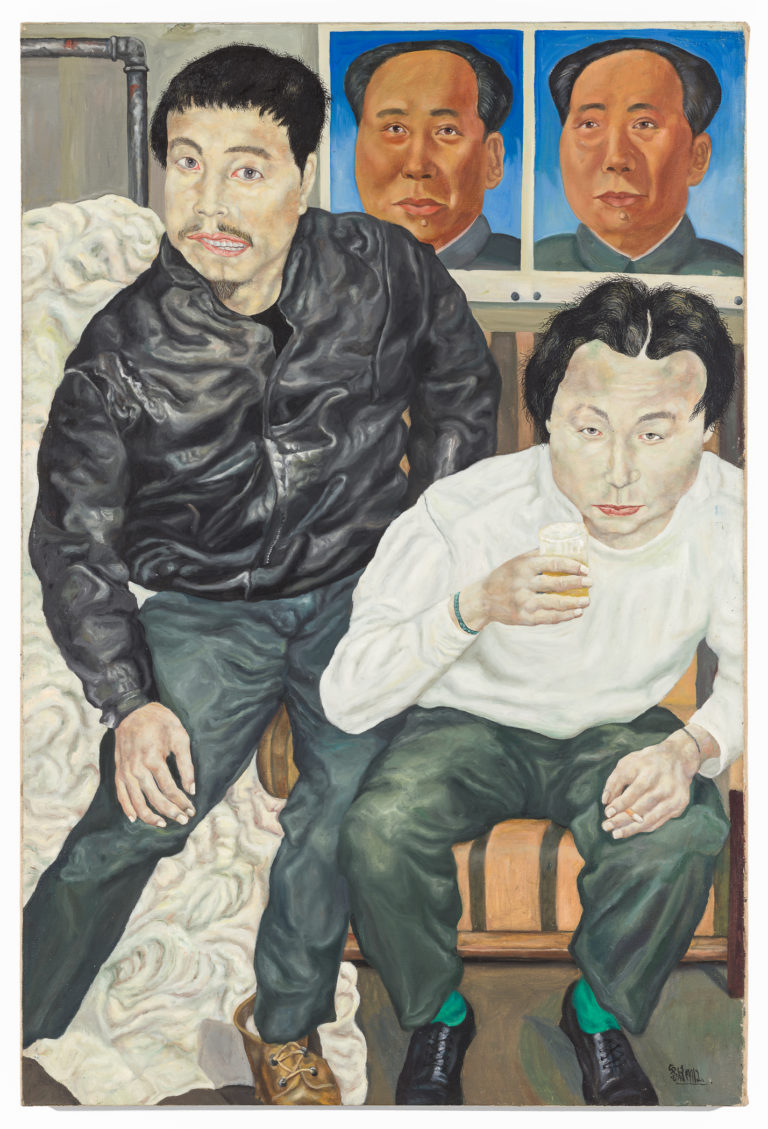 a pained portrait of two men in front of Chairman Mao