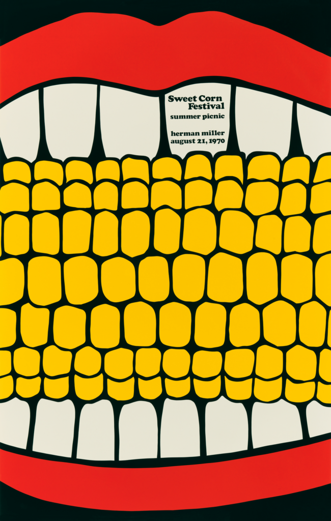 illustration with ​red lips white teeth yellow corn all on black