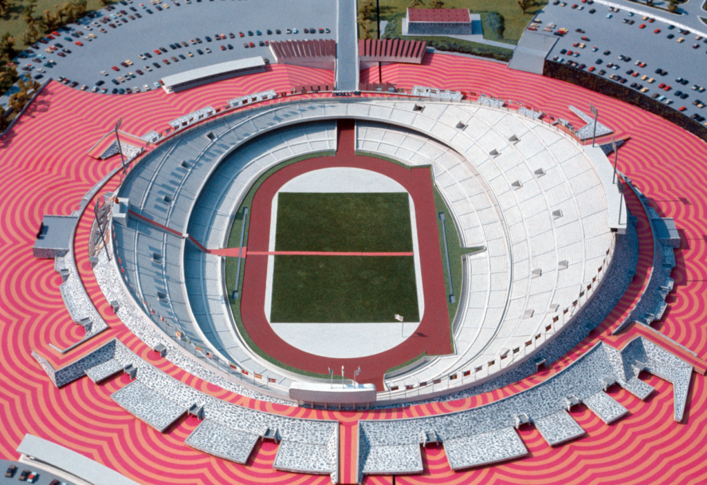 an empty stadium from bird's eye biew