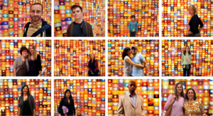 a grid of images of people posing in front of Penelope Umbrico's Sunsest