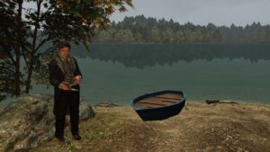 computer rendering of a person reading from a book standing next to small boat