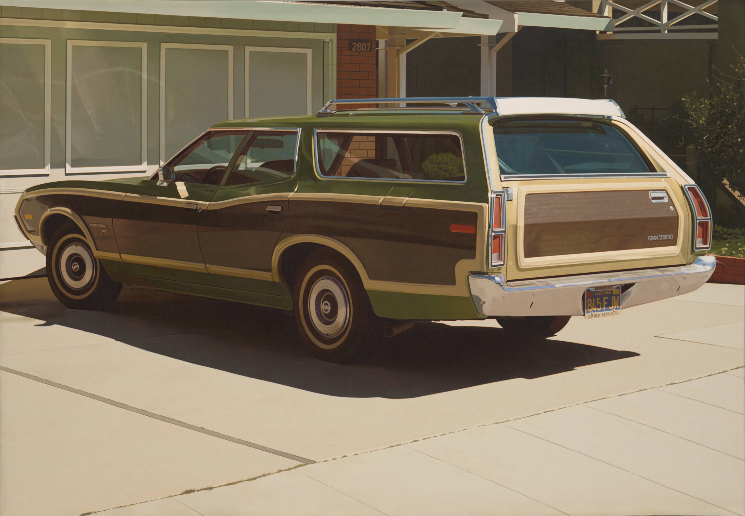 A photorealistic painting of green and tan 1970s station wagon parked in a driveway.