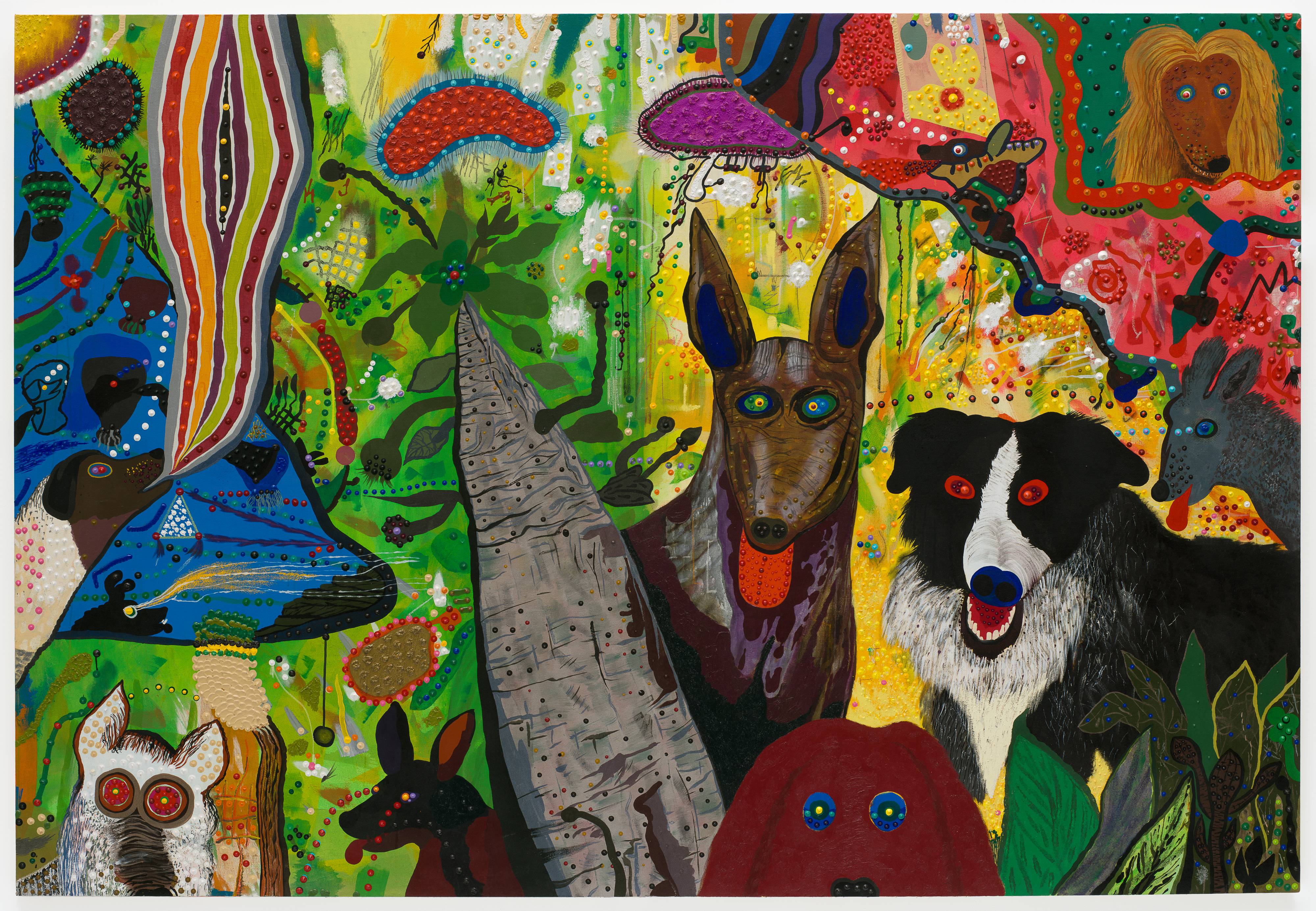 A colorful and slightly cartoonish painting of dogs of various breeds standing in a field all looking at the viewer.
