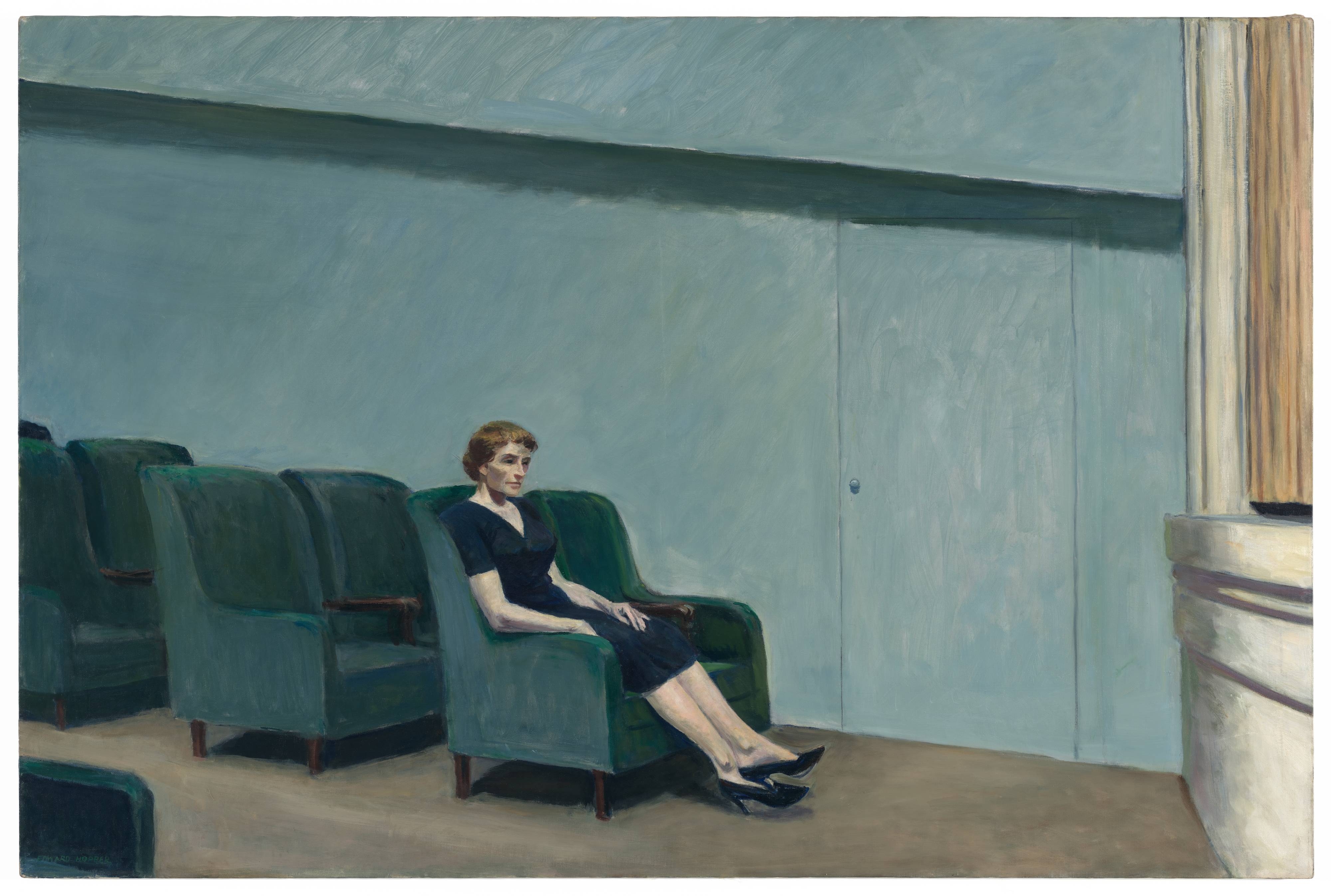 A painting of a woman in a navy blue dress and high heels sitting in the front row of an empty theater.