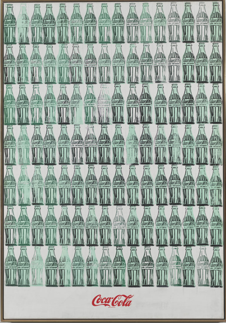 A grid of Coca Cola bottles silk screen on linen