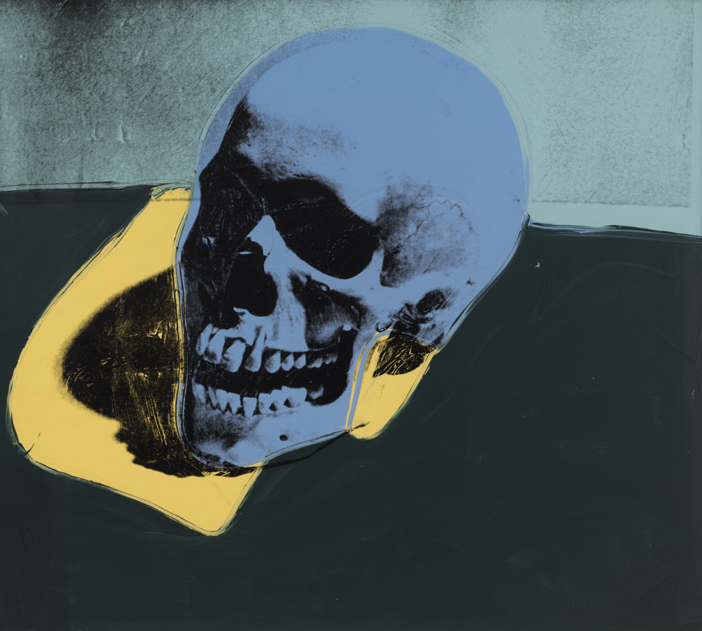 A blue skull silk-screened on canvas